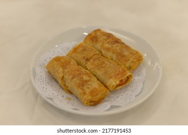 Bangkok, Thailand – June 22, 2022: Fried Tofu Skin Rolls, Cantonese Cuisine In Bangkok, Thailand, Asia