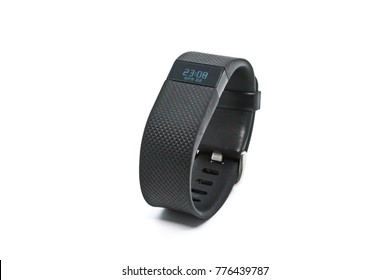 Bangkok, Thailand - June 23, 2017 : Fitbit Charge HR Wireless Activity Wristband black color on white background. Fitbit is an American Wearable manufacturer company.