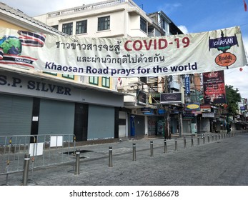 Bangkok, Thailand – June 23, 2020 : Closed Shop Downtown, Covid 19 Attack Downtown, Khao San Road, Bangkok.(Banner : Khao San Road Prays For The World Fight Virus Covid-19)