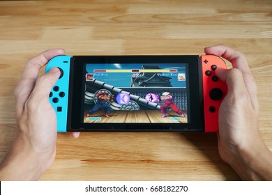 Bangkok, Thailand - June 27, 2017 : Nintendo Switch Showing Its Screen With Ultra Street Fighter Game.