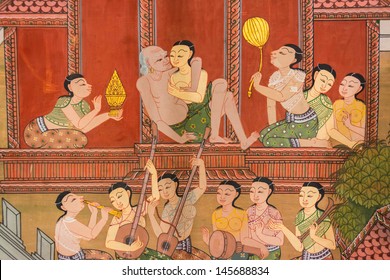 BANGKOK, THAILAND - JUNE 28: Ancient mural painting of Thai harem in medieval times 200 years ago in Hilton hotel on June 28, 2013. 