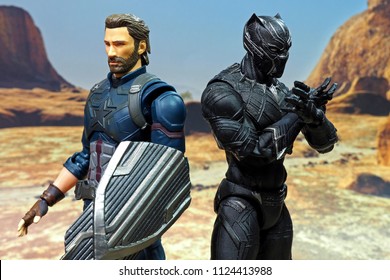 Bangkok, Thailand: June 29,2018: The Setting Of Black Panther And Captain America Action Figures From Marvel Comics