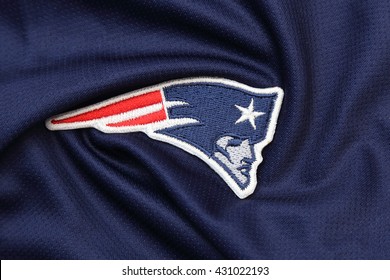 BANGKOK, THAILAND -JUNE 3, 2016: The  Logo of  New England Patriots on the textile on June 3,2016 in Bangkok Thailand.