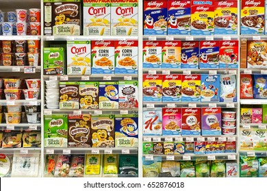 Bangkok, Thailand - June 3, 2017 : Cereal Or Cornflakes On Shelf In Foodland Supermarket. Various Brands Of Cornflakes Are On The Display Shelves Including Kelloggs And Nestle. Editorial Used Only.