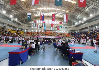 Bangkok, Thailand - June 30, 2018 : Taekwondo  Athlete And Atmosphere In Fighting Match Of The 4th HEROES Taekwondo International Championship At AU Stadium