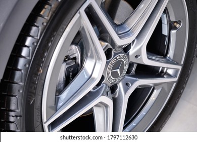 BANGKOK, THAILAND - JUNE 30, 2020: Mercedes Benz Alloy Wheel After Ceramic Coat. Close Up Of OEM Rims With Mercedes Logo After Polishing & Coating. Car Wheel Background. Selective Focus