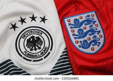 BANGKOK THAILAND - JUNE 4: The Logo Of  Germany And England  National Football Team On Football Jersey On June 4,2018