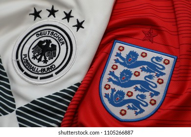 BANGKOK THAILAND - JUNE 4: The Logo Of  Germany And England  National Football Team On Football Jersey On June 4,2018