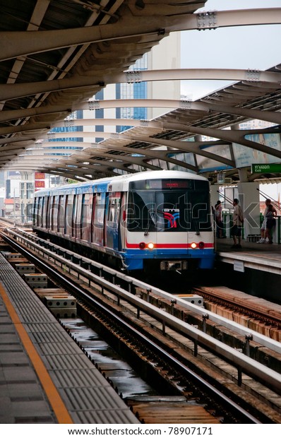 BANGKOK, THAILAND - JUNE 5: The BTS Skytrain\
speeds through the city center June 5, 2011 in Bangkok, Thailand.\
The mass transit rail network recently marked its 10th year of\
service in the Thai\
capital.