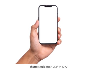 Bangkok, Thailand - JUNE 6, 2022: Studio shot of Hand holding Smartphone iPhone 13 pro max and Show white screen , iphon