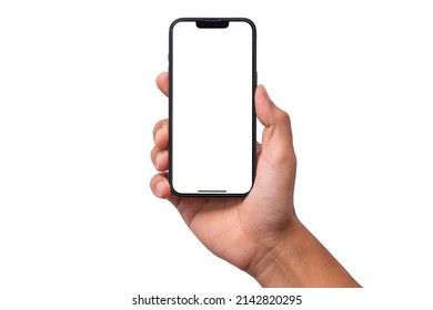 Bangkok, Thailand - MAR 13, 2022 : Hand holding the black smartphone iphone with blank screen for Infographic Global Business web site design app iphonex , iphon - Clipping Path