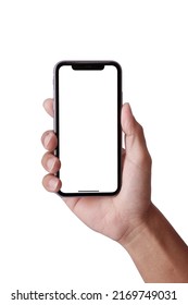 Bangkok, Thailand - MAR 13, 2022 : Hand holding iPhone the black smartphone iphone with blank screen for Infographic Global Business web site design app iphonex , iphon - Clipping Path