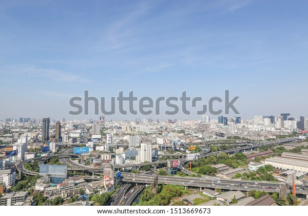 Bangkok Thailand - Mar 2019 ;\
Landscape view of Bangkok city , cross bridge and many car on\
street .