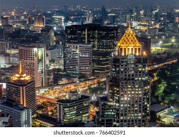 BANGKOK, THAILAND - MAR 3, 2017 : Beautiful Night City View At Vertigo Rooftop Restaurant And Moon Bar At Banyan Tree Hotel.