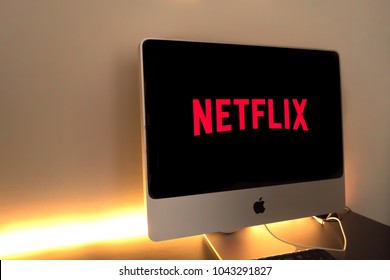 Bangkok, Thailand - March 11, 2018: Netflix And Chill, Logo Of Netflix On IMac With Desk And Led Light