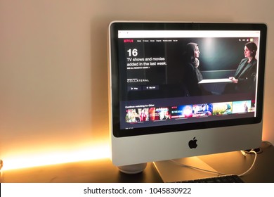 Bangkok, Thailand - March 11, 2018: Netflix And Chill, Netflix Website Open On IMac With Desk And Led Light