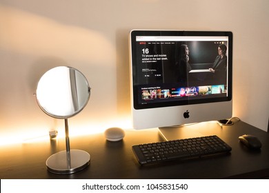 Bangkok, Thailand - March 11, 2018: Netflix And Chill, Netflix Website Open On IMac With Desk,led Light, Google Home, And Mirror