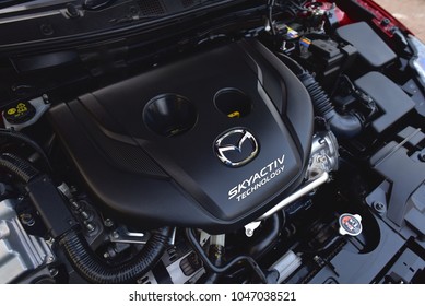 BANGKOK, THAILAND - MARCH 15, 2018: Mazda Diesel 1.5L Turbo Engine available on Mazda2 Mazda3 Mazda CX-3. SKYACTIV is a brand name tecnology by Mazda which increase fuel efficiency and engine output.