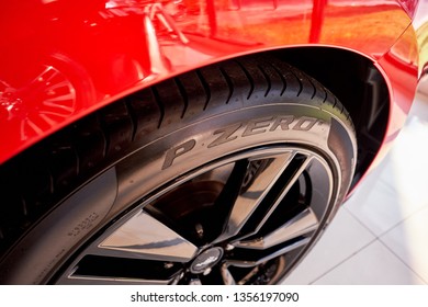 BANGKOK, THAILAND - MARCH 18, 2019: Pirelli P Zero tyre technology in high performance all season tires for sports car. Design for both highway & track combining safety, stability, handling & grip.