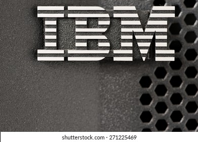 Bangkok, Thailand - March 19, 2015: Closeup Of Silver IBM Logo Over Huge PSeries Server Black Color Rack Lid Mesh