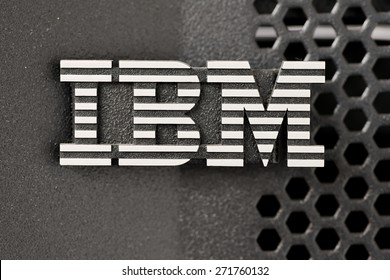 Bangkok, Thailand - March 19, 2015: Closeup Of Silver IBM Logo Over Huge PSeries Server Black Color Rack Lid Mesh