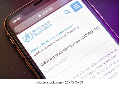 BANGKOK, THAILAND - March 20, 2020:  Q&A On Coronaviruses COVID-19 On WHO World Health Organization Website Display On IPhone 11 Mobile Phone