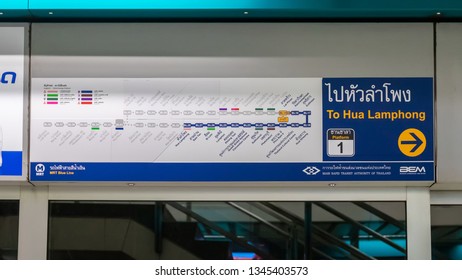 Bangkok, Thailand - March 21, 2019: New Subway Map Information Of MRT Blue Line In MRT Station. MRT Is Mass Rapid Transit Authority Of Thailand By BEM.