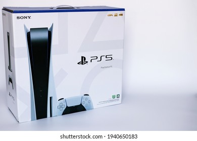 Bangkok, Thailand - March 21, 2021 : Playstation 5 Sony Home Video Game Console Box.