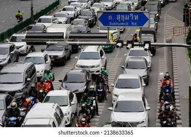 Bangkok, Thailand - March 22, 2022: Radar speed monitoring cameras are seen next to the Sukhumvit road sign to control drivers and motorcyclists in Asok district, downtown Bangkok.
