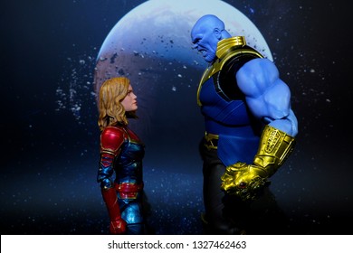 Bangkok, Thailand - March 2,2019: A Setting Of Captain Marvel And Thanos Action Figures From Marvel Comic.