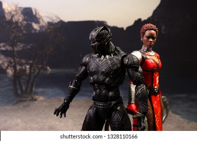 Bangkok, Thailand - March 2,2019: A Setting Of Black Panther And Nakia Action Figure From Black Panther Marvel Comic.