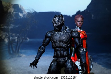 Bangkok, Thailand - March 2,2019: A Setting Of Black Panther And Nakia Action Figure From Black Panther Marvel Comic.