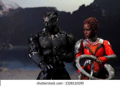 Bangkok, Thailand - March 2,2019: A Setting Of Black Panther And Nakia Action Figure From Black Panther Marvel Comic.