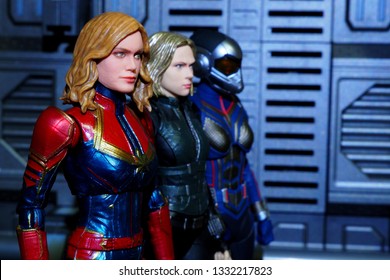 Bangkok, Thailand - March 2,2019: A Setting Of Captain Marvel, Black Widow, And The Wasp Action Figures From Marvel Comic.