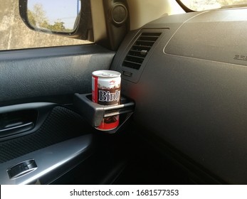 Bangkok, Thailand. March 23, 2020: A Canned Instant Coffee In Drinking Holder In Car Consol With Logo Brand Birdy Ice Coffee. Drink For Travel.