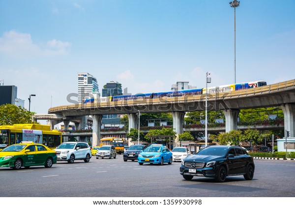 BANGKOK, THAILAND - March 24, 2019 : Bangkok Traffic And\
Transportation At Victory Monument Most Beautiful Area, Has Long\
Served As One Of The Busiest Transportation Hubs In Bangkok,\
Thailand 2019    