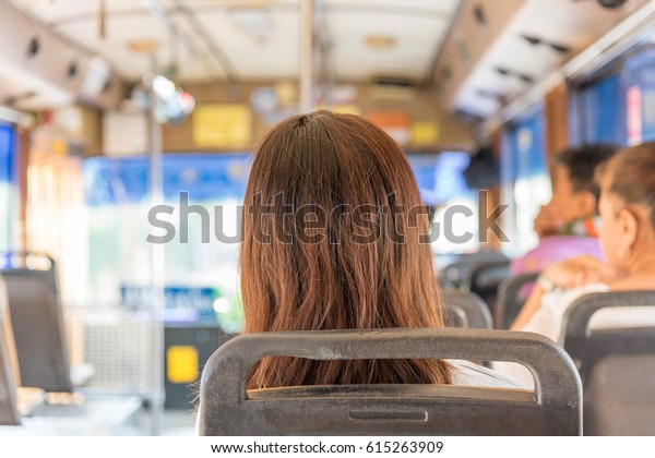 Bangkok, Thailand - March 25, 2017 :\
Unidentified people travel by bus in Bangkok. Buses are one of the\
most important public transport system in\
Bangkok.
