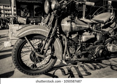 BANGKOK, THAILAND, - MARCH 3 2018: A Harley Davidson motorcycle was shown in Rag and Display wear the music festival at The Bangkok Dock Company