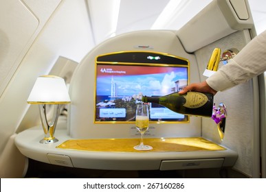 BANGKOK, THAILAND - MARCH 31, 2015: Emirates Airbus A380 interior. Emirates is one of two flag carriers of the United Arab Emirates along with Etihad Airways and is based in Dubai.