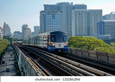 Bangkok, Thailand, March 5, 2019: BTS Sky Train Against Silom District