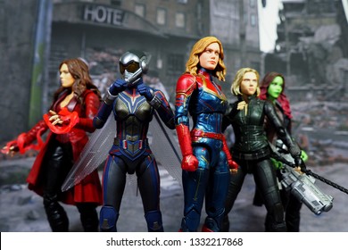 Bangkok, Thailand - March 7,2019: A Setting Of Captain Marvel, Black Widow, The Wasp, Scarlet Witch, And Gamora Action Figures From Marvel Comic.