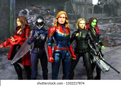 Bangkok, Thailand - March 7,2019: A setting of Captain Marvel, Black Widow, the Wasp, Scarlet Witch, and Gamora action figures from Marvel comic.