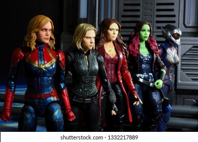 Bangkok, Thailand - March 7,2019: A Setting Of Captain Marvel, Black Widow, The Wasp, Scarlet Witch, And Gamora Action Figures From Marvel Comic.