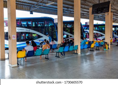 Bangkok, Thailand- March 7th 2020: People Waiting For Buses Inside Bus Bangkok Bus Terminal, Thailand