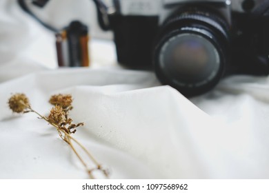 BANGKOK, THAILAND - MAY 05, 2018: Canon AE-1 Program 35mm Film Camera And A Roll Of Kodak ProImage 100 The Professional 135 Color Negative Film With Dry Flowers On White Tablecloth. Copy Space