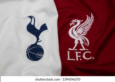 BANGKOK, THAILAND - MAY 11: The Logo of Tottenham Hotspur and  Liverpool on Football Jerseys on May 11,2019. They will Face Each other on UEFA Champions League 2019 Final in Madrid