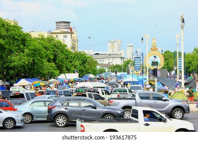 Bangkok, Thailand - May 13, 2014: Traffic jam at Ratchadamneon road due to anti government protesters set the camp