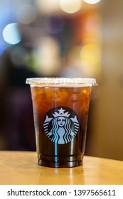 Bangkok Thailand, May 14, 2019. Starbuck Coffee Iced Americano Beverage In The Cafe.