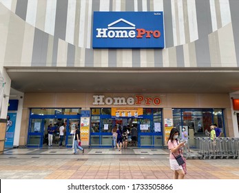 Bangkok, Thailand - May 17,2020 : Home Pro Ladprao is opened after COVID -19 lockdown , Customers queue to temperature check and registers before entry and exit , through “Thai Chana” website .