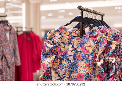 Bangkok, Thailand - May 19, 2019: A Colorful Summer Dress With Floral Print At Zara Shop.